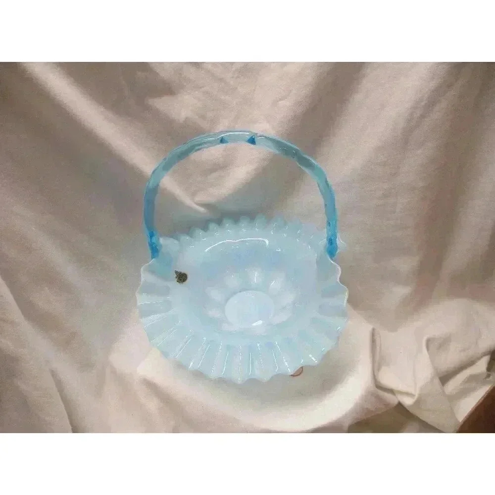 Blue Glass Basket Vntg Fenton Easter Candy Holiday ruffled midcentury modern‎